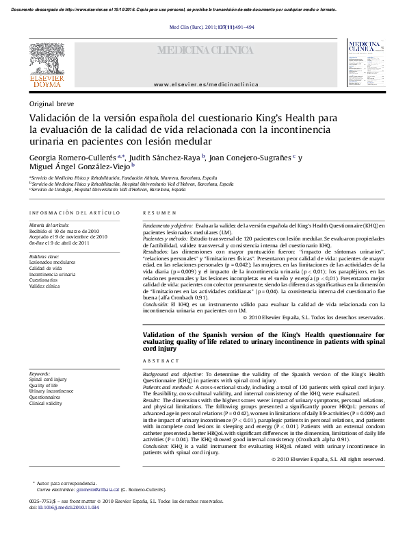 (PDF) Validation of the Spanish version of the King's Health ...