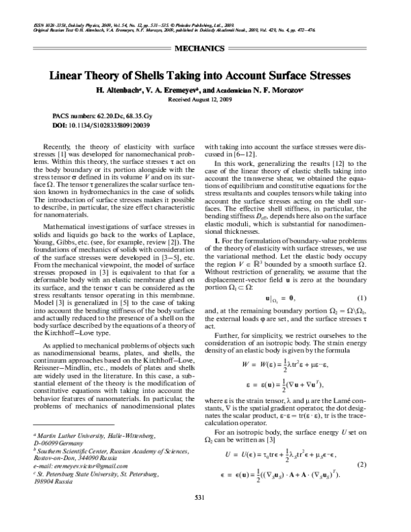 (PDF) Linear theory of shells taking into account surface stresses
