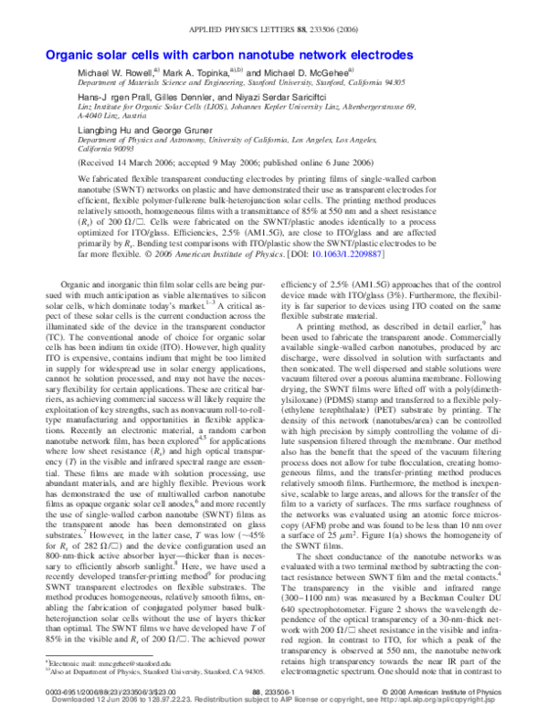 (PDF) Organic solar cells with carbon nanotube network electrodes
