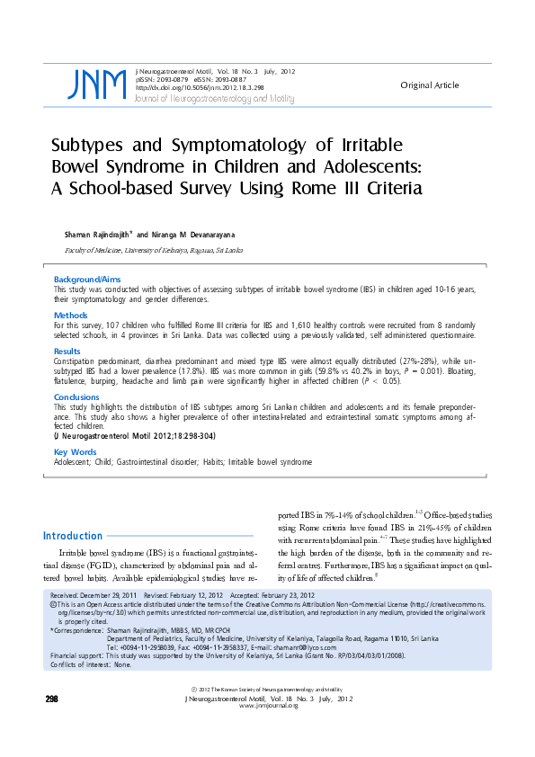 (PDF) Subtypes and Symptomatology of Irritable Bowel Syndrome in ...