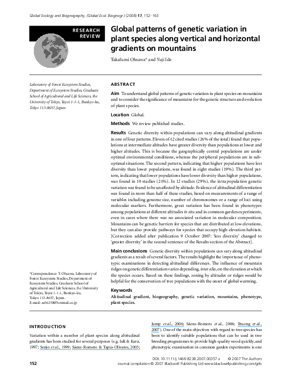 (PDF) Global patterns of genetic variation in plant species along ...