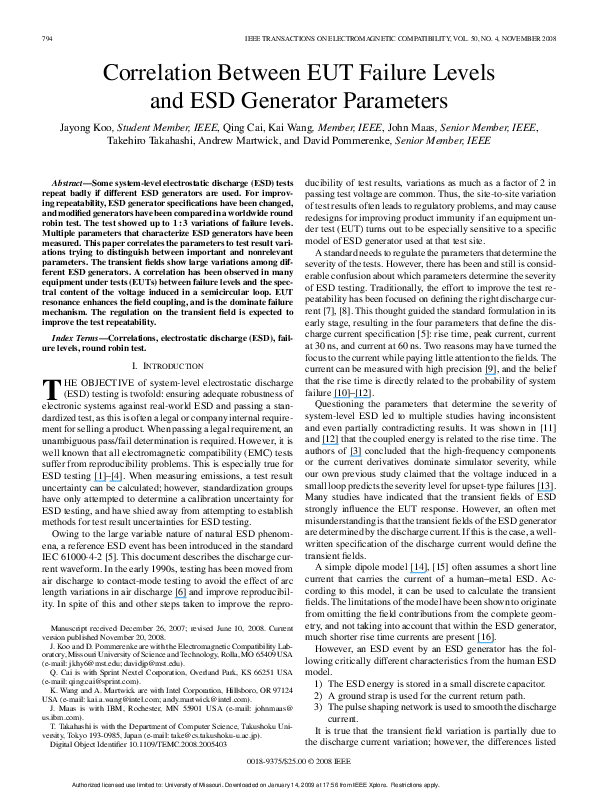 (PDF) Correlation Between EUT Failure Levels and ESD Generator Parameters