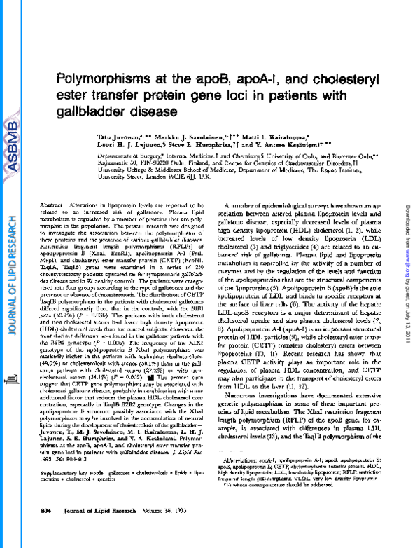 (PDF) Polymorphisms at the apoB, apoA-I, and cholesteryl ester transfer ...