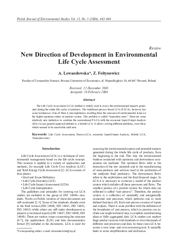 (PDF) New direction of development in environmental life cycle assessment