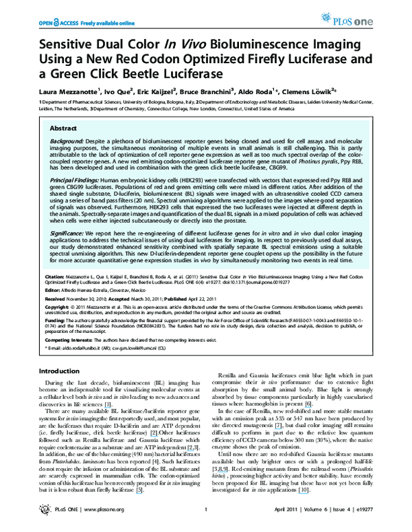 (PDF) Sensitive Dual Color In Vivo Bioluminescence Imaging Using a New ...