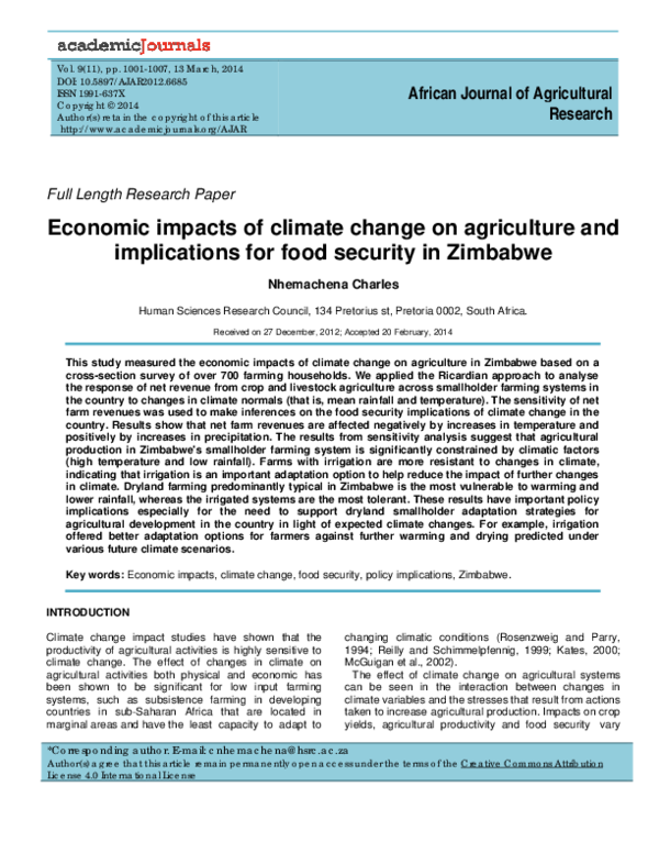 (PDF) Economic impacts of climate change on agriculture and ...