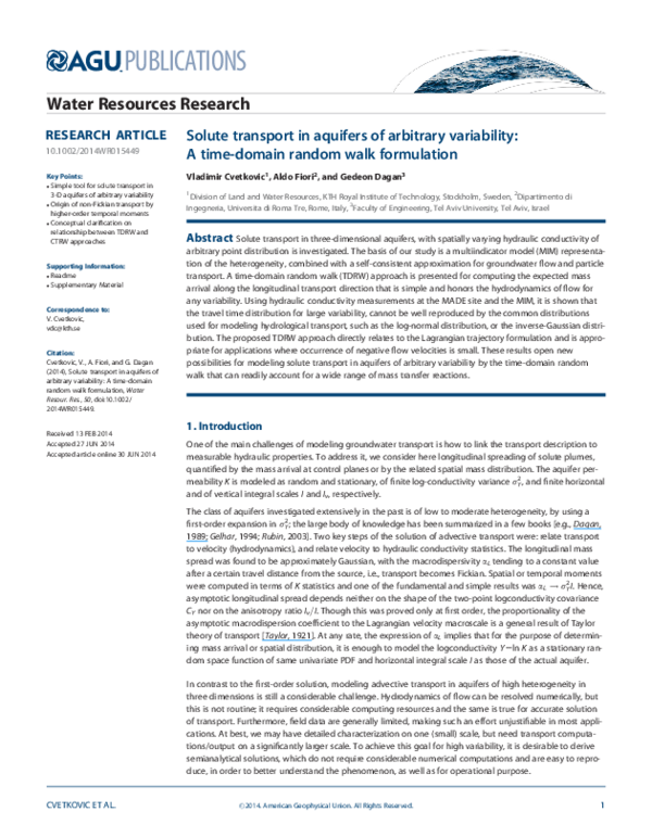 (PDF) Solute transport in aquifers of arbitrary variability: A time ...