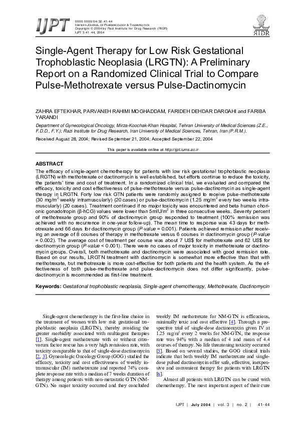 (PDF) Single-Agent Therapy for Low Risk Gestational Trophoblastic ...