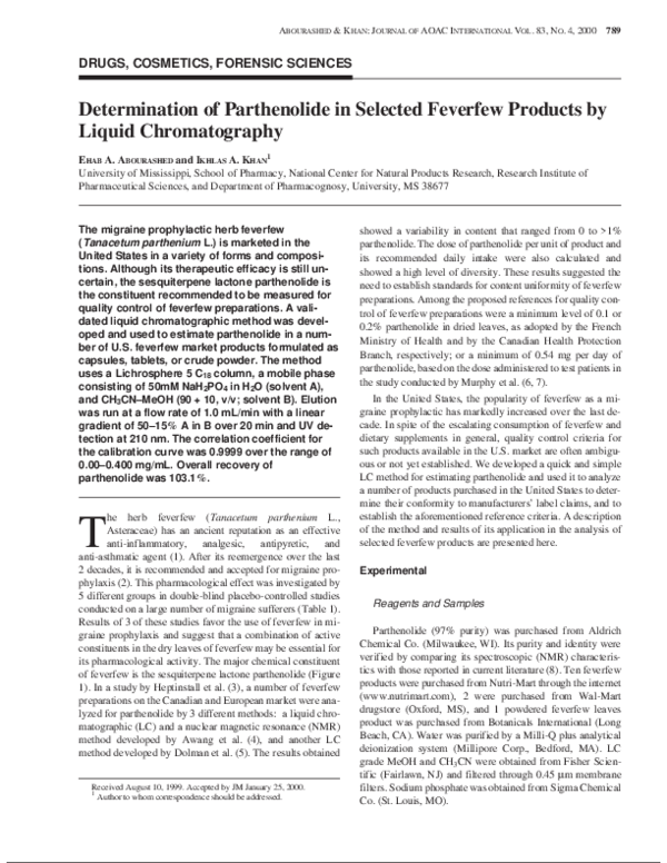 (PDF) Determination of parthenolide in selected feverfew products by ...