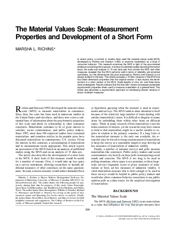 (PDF) The Material Values Scale Measurement Properties and Development