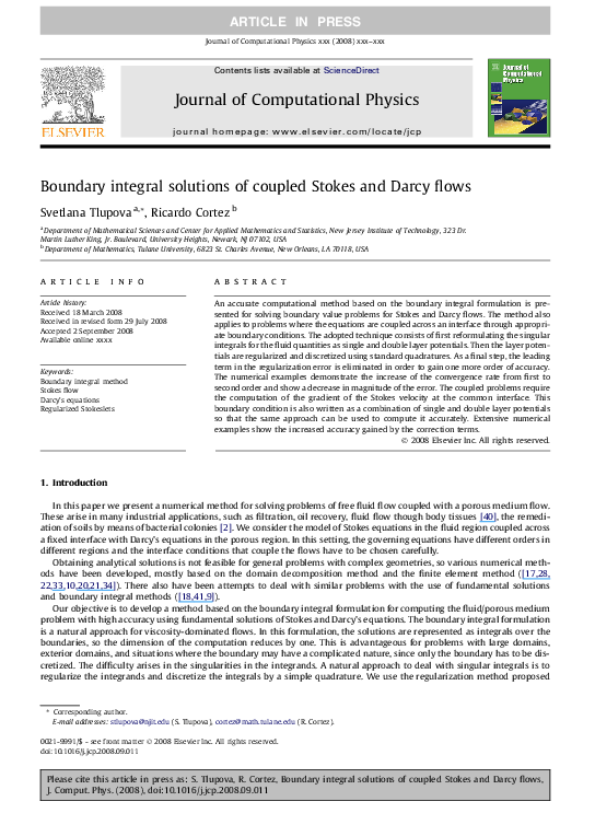 (PDF) Boundary integral solutions of coupled Stokes and Darcy flows
