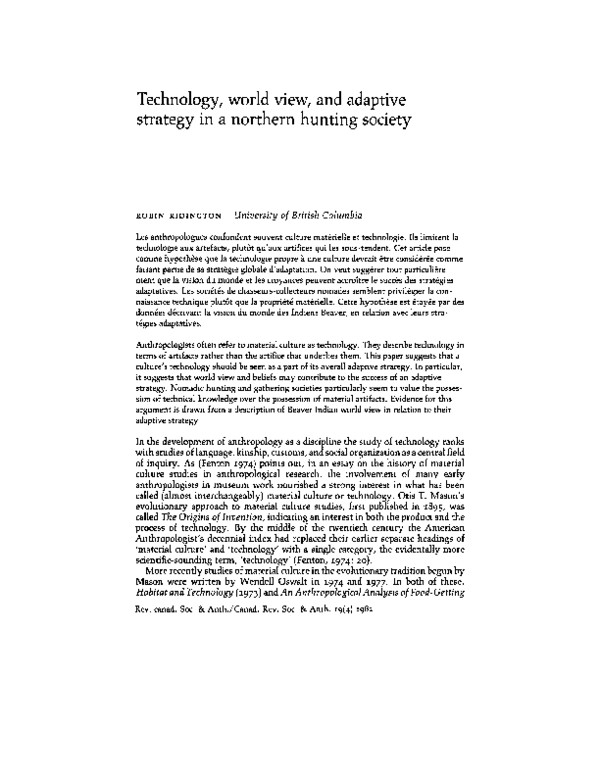 (PDF) Technology, world view, and adaptive strategy in a northern ...