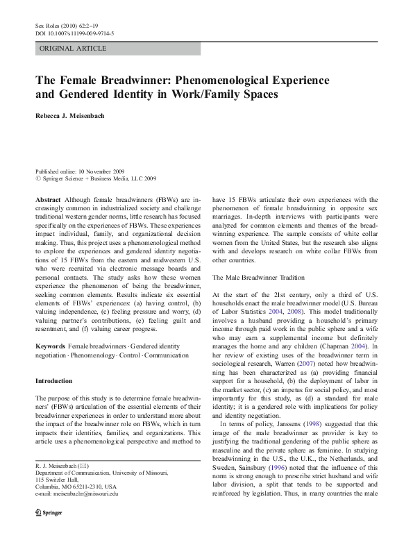 (PDF) The Female Breadwinner Phenomenological Experience and Gendered