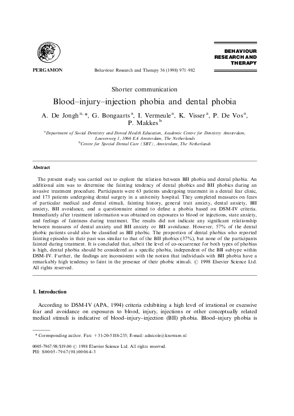 (PDF) Bloodinjuryinjection phobia and dental phobia Peter Makkes