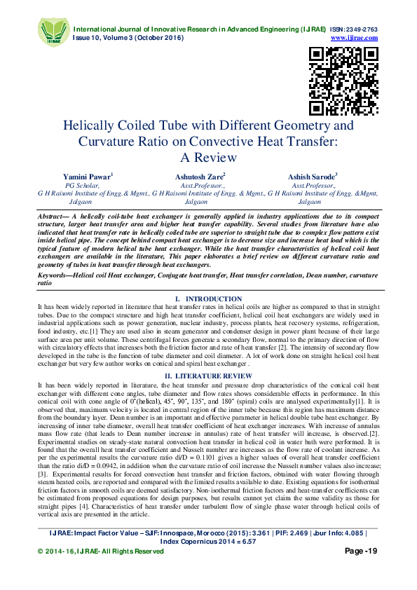 (PDF) Helically Coiled Tube with Different Geometry and Curvature Ratio