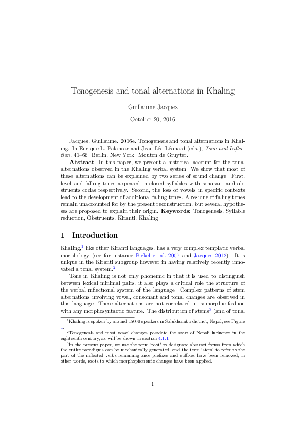 (PDF) Tonogenesis and tonal alternations in Khaling