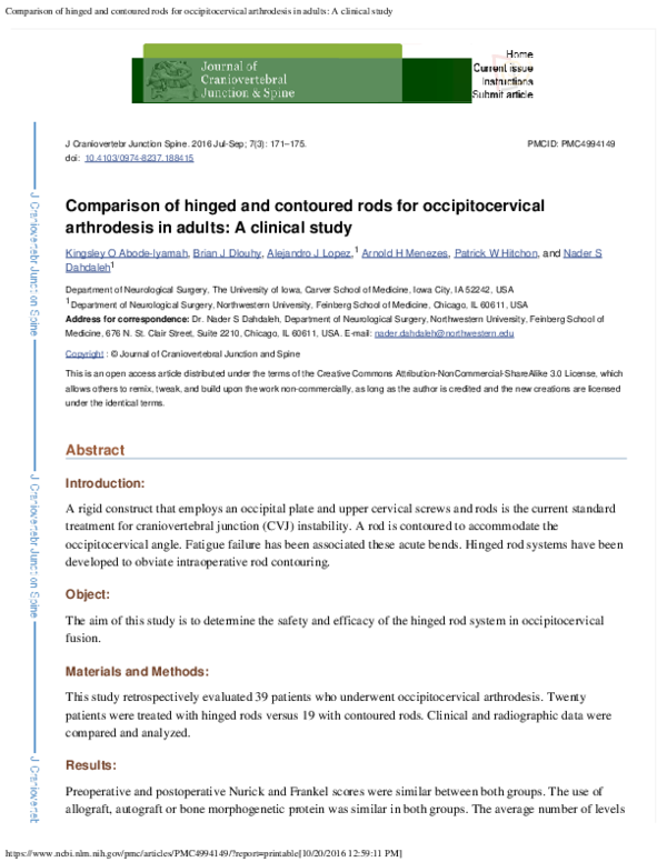(PDF) Comparison of hinged and contoured rods for occipitocervical ...