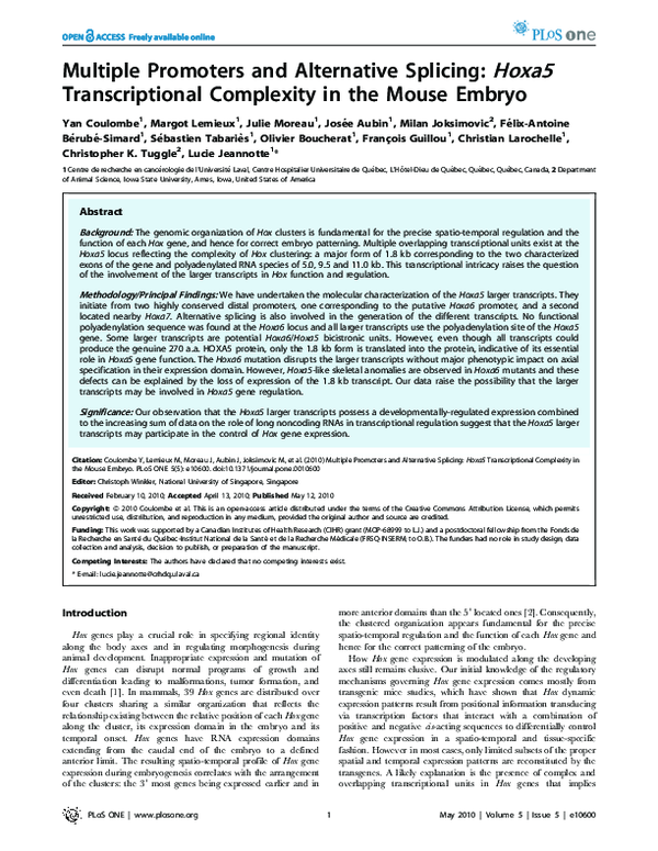 (PDF) Multiple Promoters and Alternative Splicing: Hoxa5 ...