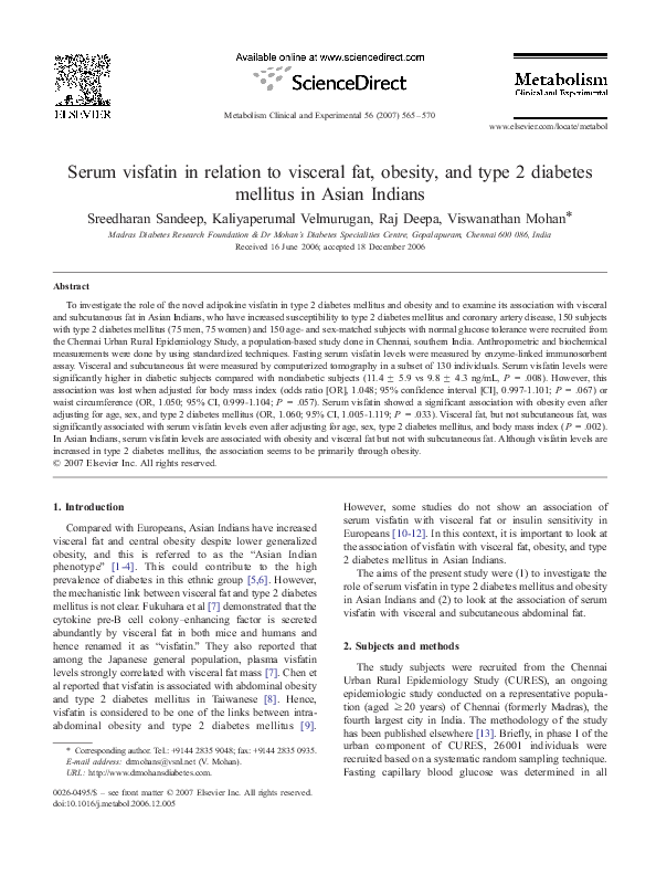 (PDF) Serum visfatin in relation to visceral fat, obesity, and type 2 ...