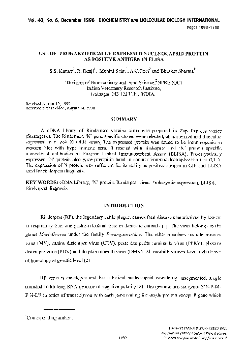 (PDF) Use of prokaryotically expressed nucleocapsid protein as positive ...