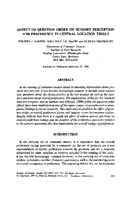 (PDF) Effect of Question Order on Sensory Perception and Preference in ...