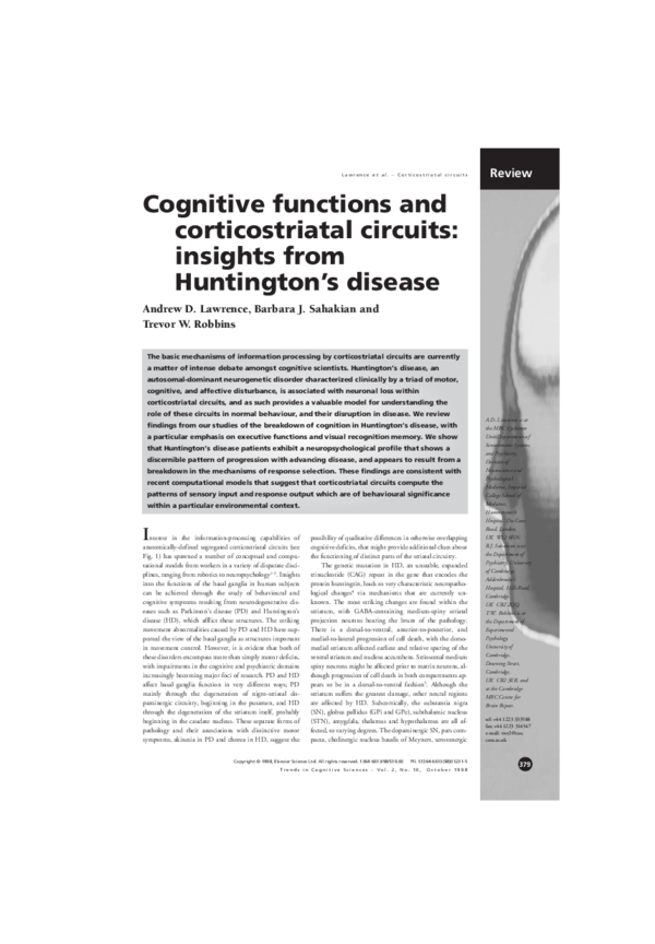 (PDF) Cognitive functions and corticostriatal circuits: insights from ...