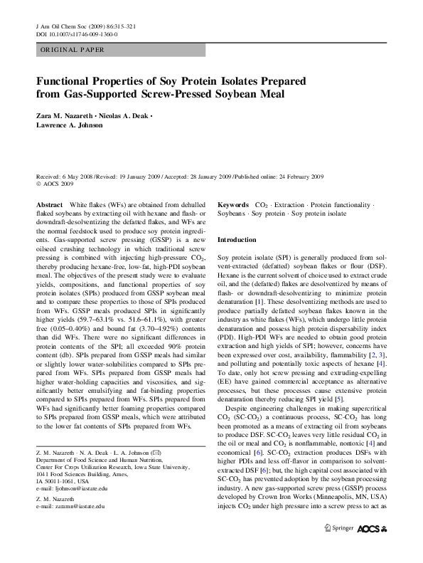 (PDF) Functional Properties of Soy Protein Isolates Produced from Ultrasonicated Defatted Soy