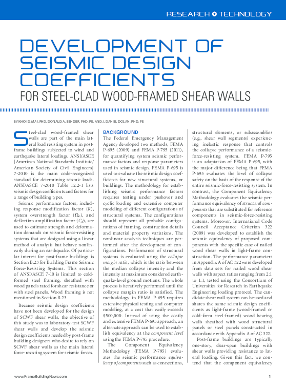 (PDF) Seismic Design Coefficients for Steel-Clad Wood-Framed Shear Walls