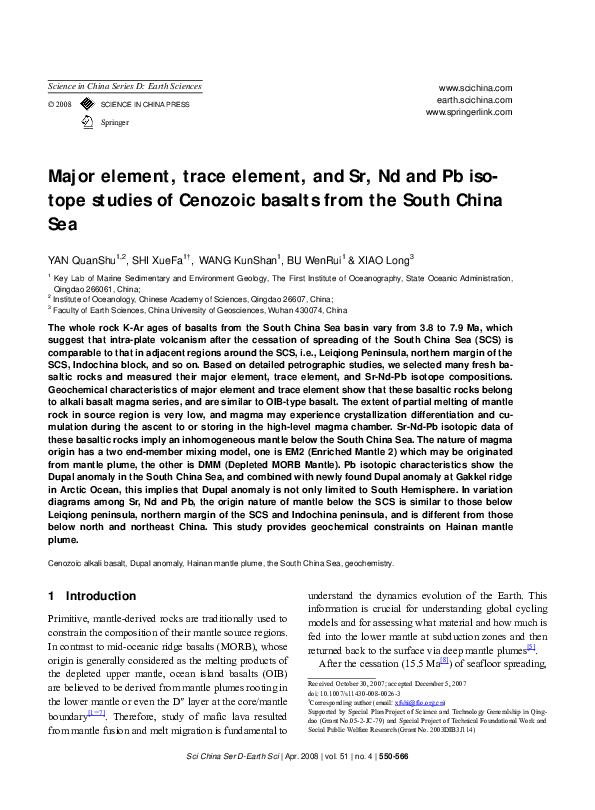 (PDF) Major element, trace element, and Sr, Nd and Pb isotope studies ...