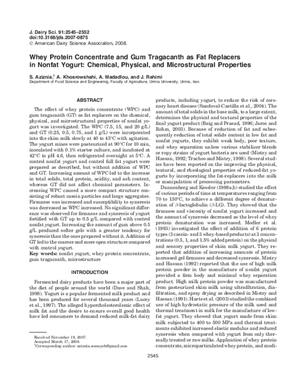 (PDF) Whey Protein Concentrate and Gum Tragacanth as Fat Replacers in