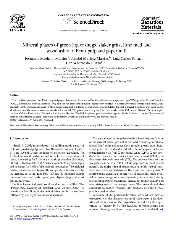 (PDF) Mineral phases of green liquor dregs, slaker grits, lime mud and wood ash of a Kraft pulp