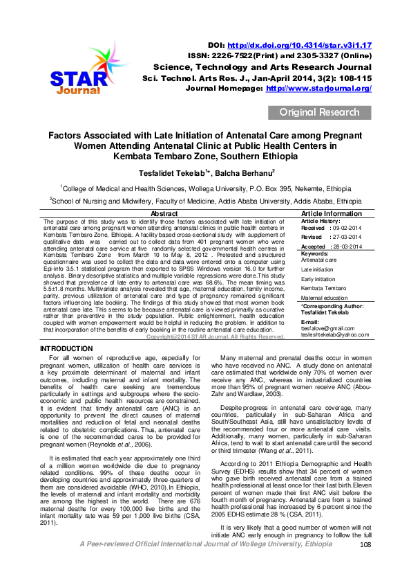 (PDF) Factors Associated with Late Initiation of Antenatal Care among ...