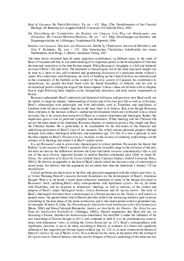 (PDF) Basil of Caesarea. By Philip Rousseau. (The Transformation of the ...