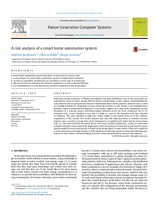 (PDF) A risk analysis of a smart home automation system Ramakrishna