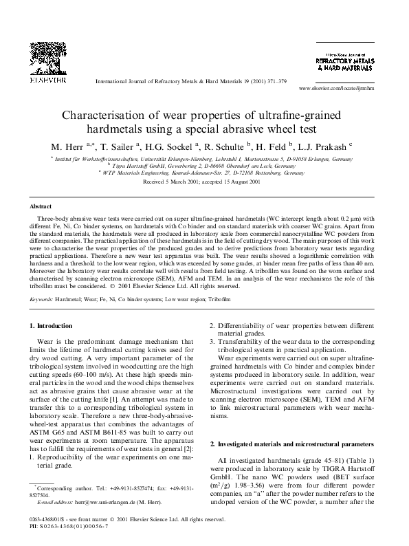 (PDF) Characterisation of wear properties of ultrafinegrained hardmetals using a special