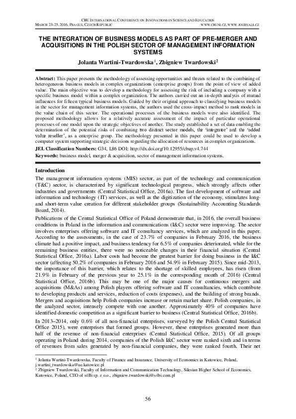 (PDF) THE INTEGRATION OF BUSINESS MODELS AS PART OF PRE-MERGER AND ...