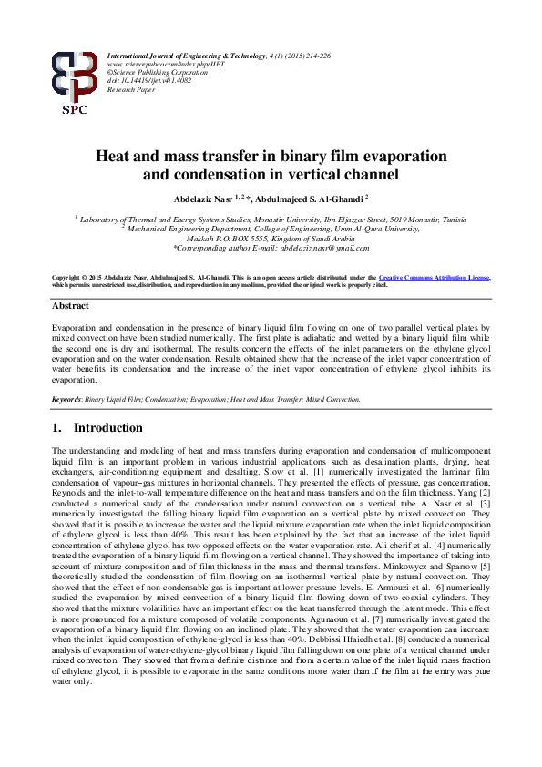 (PDF) Heat and mass transfer in binary film evaporation and ...