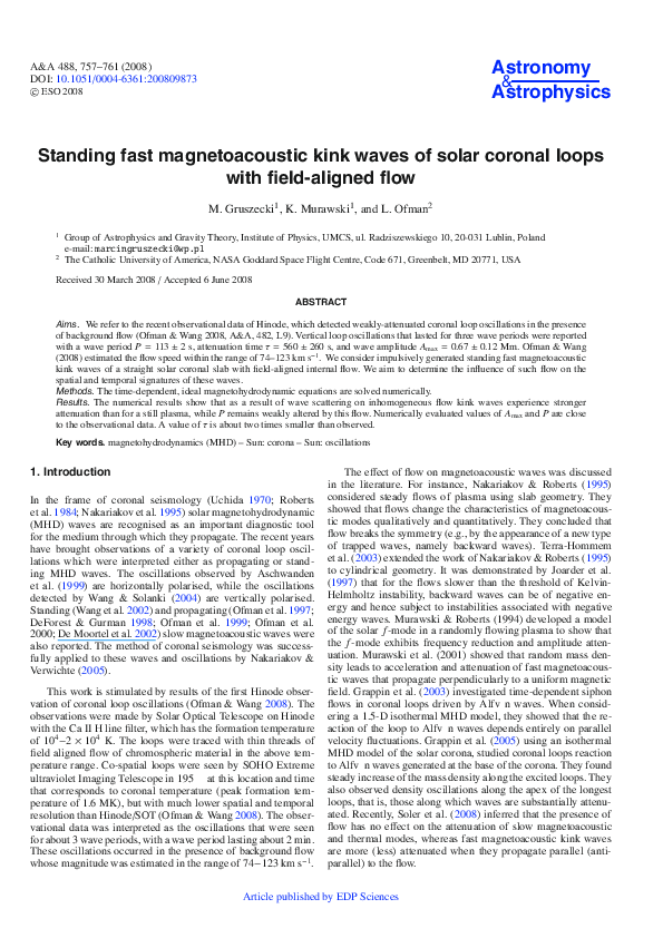 (PDF) Standing fast magnetoacoustic kink waves of solar coronal loops ...