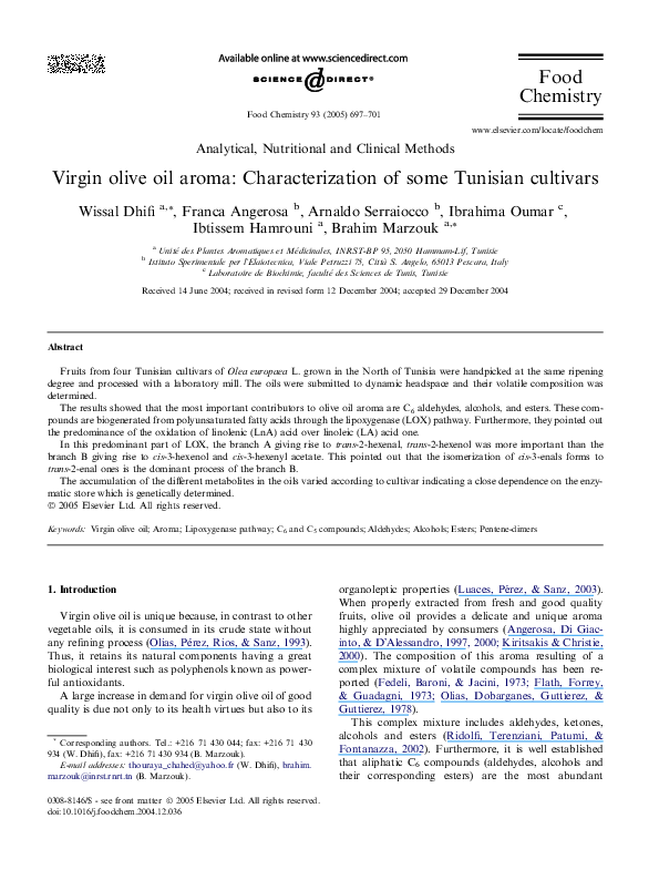 (PDF) Virgin olive oil aroma: Characterization of some Tunisian cultivars