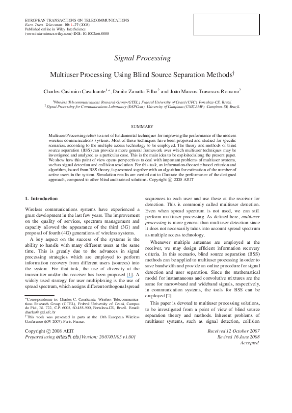 (PDF) Multiuser processing using blind source separation methods
