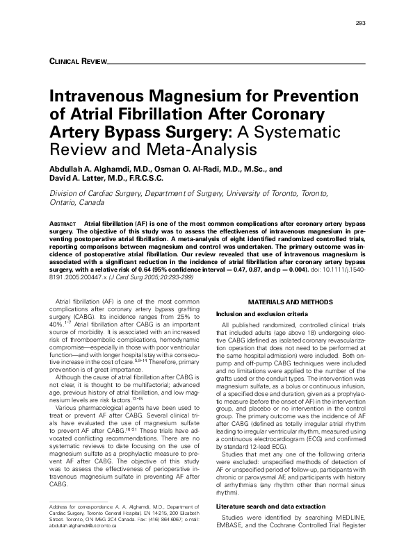 (PDF) Intravenous Magnesium for Prevention of Atrial Fibrillation After