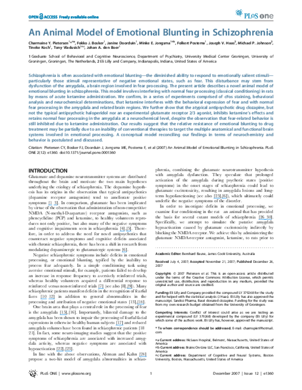 (PDF) An Animal Model of Emotional Blunting in Schizophrenia Minke