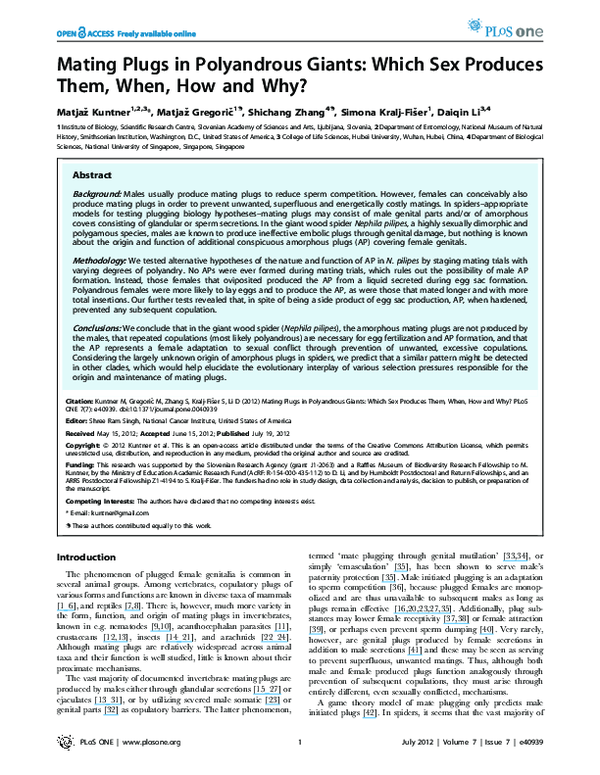 (PDF) Mating Plugs in Polyandrous Giants: Which Sex Produces Them, When ...