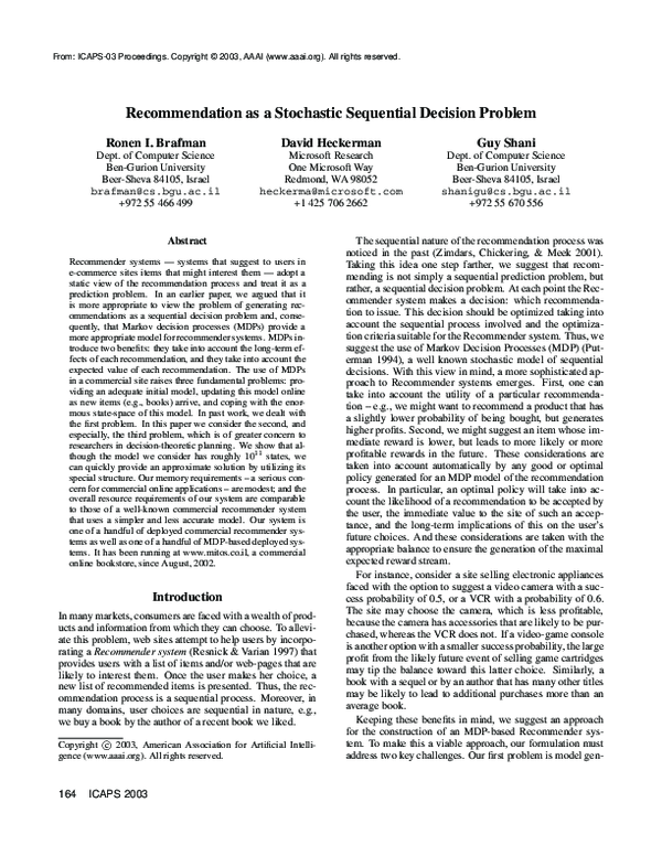 (PDF) Recommendation as a Stochastic Sequential Decision Problem
