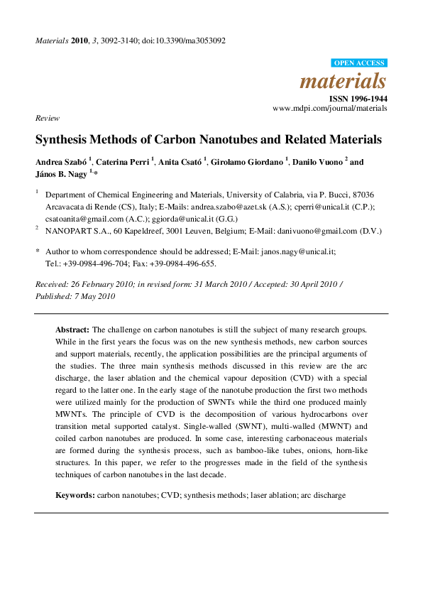 (PDF) Synthesis Methods of Carbon Nanotubes and Related Materials