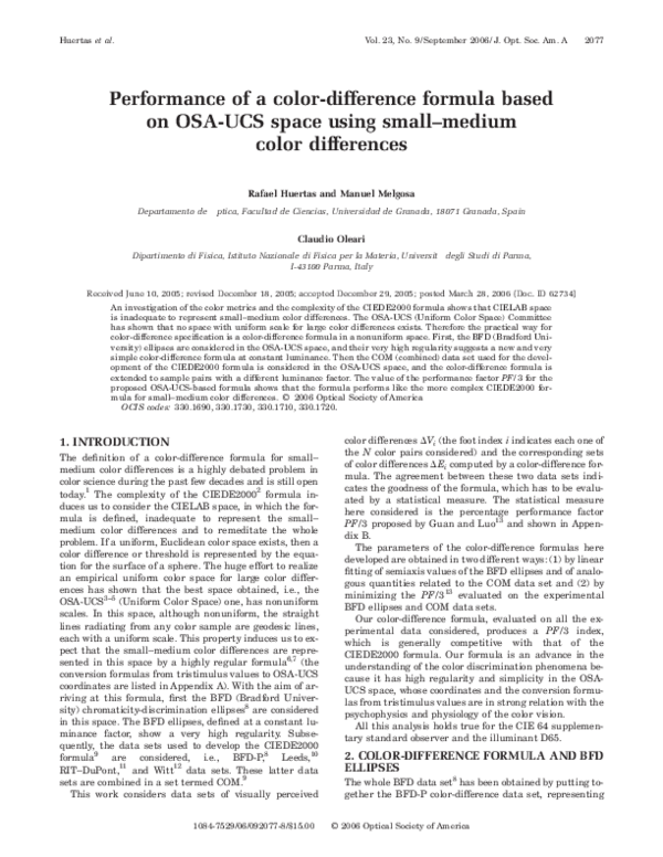 (PDF) Performance of a colordifference formula based on OSAUCS space using smallmedium color