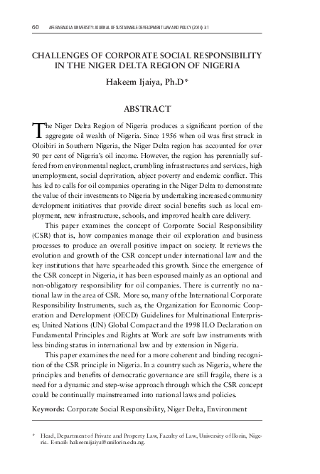 (PDF) CHALLENGES OF CORPORATE SOCIAL RESPONSIBILITY IN THE NIGER DELTA ...