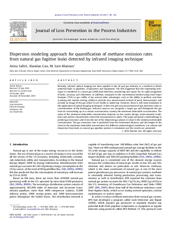 (PDF) Dispersion modeling approach for quantification of methane ...