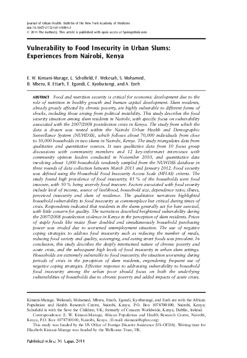 (PDF) Vulnerability to Food Insecurity in Urban Slums: Experiences from ...