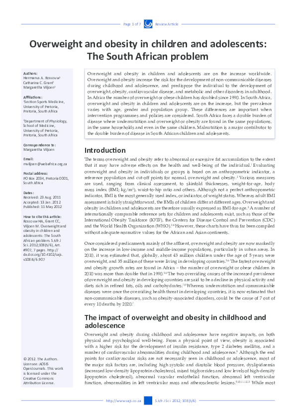 (PDF) Overweight and obesity in children and adolescents: relationship ...